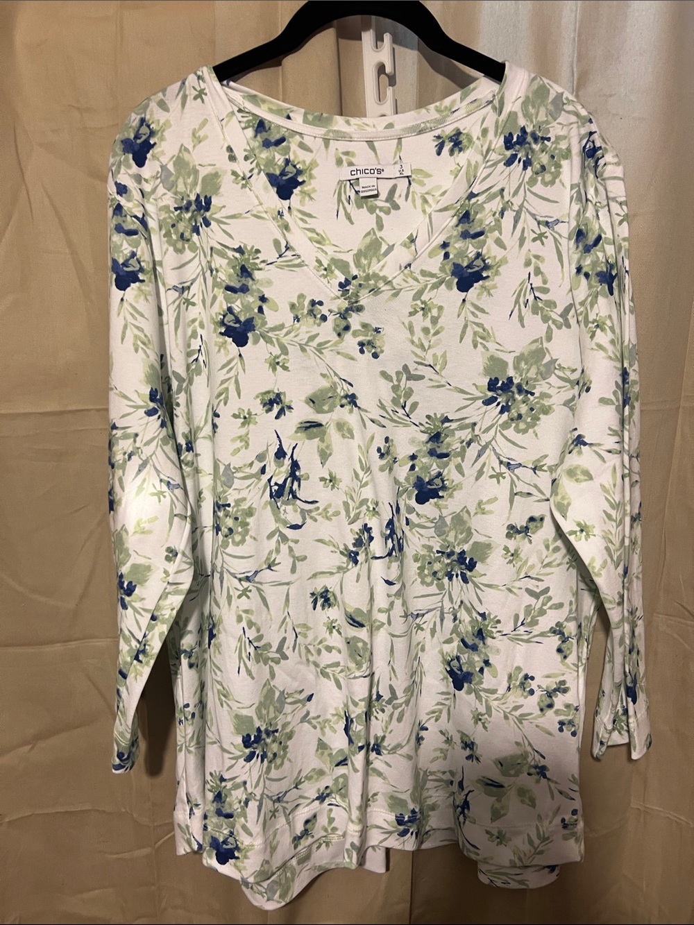 Chico's White Long Sleeve V-Neck Top with Blue and Green Floral Print